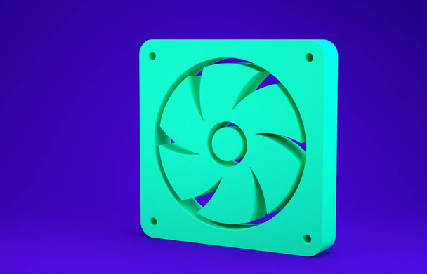 Icône refroidisseur d'ordinateur vert isolé sur fond bleu. Ventilateur matériel PC. Concept de minimalisme. Illustration 3D rendu 3D
 - Photo, image