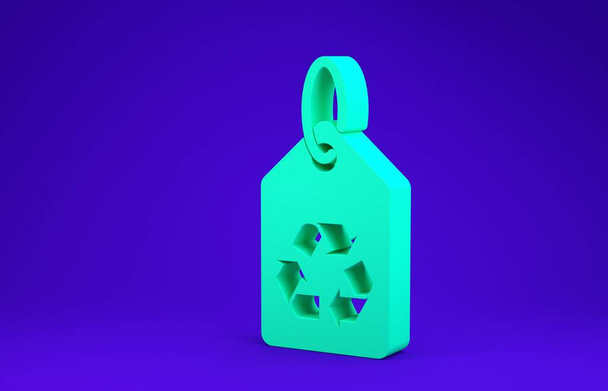 Green Tag with recycle symbol icon isolated on blue background. Banner, label, tag, logo, sticker for eco green. Minimalism concept. 3d illustration 3D render - Photo, Image