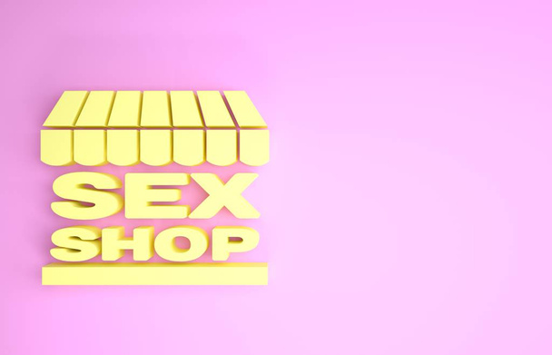 Pembe arka planda izole edilmiş çizgili tente ikonu olan Sarı Seks Atölyesi binası. Seks dükkanı, online seks mağazası, yetişkin erotik ürünler konsepti. Minimalizm kavramı. 3d illüstrasyon 3d canlandırma - Fotoğraf, Görsel