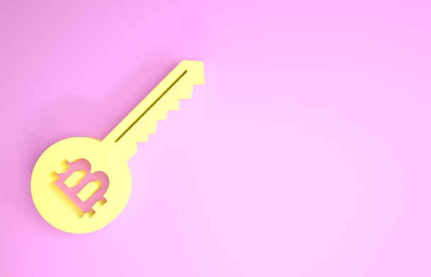 Gelbes Kryptowährungs-Schlüsselsymbol isoliert auf rosa Hintergrund. Konzept der Cybersicherheit oder privater Schlüssel, digitaler Schlüssel mit Technologie-Schnittstelle. Minimalismus-Konzept. 3D Illustration 3D Renderer - Foto, Bild