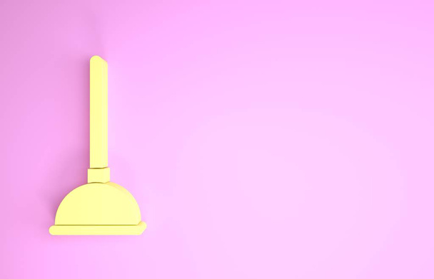 Желтый резиновый вантуз с деревянной ручкой для очистки труб значок изолирован на розовом фоне. Туалетный вантуз. Концепция минимализма. 3D-рендеринг
 - Фото, изображение