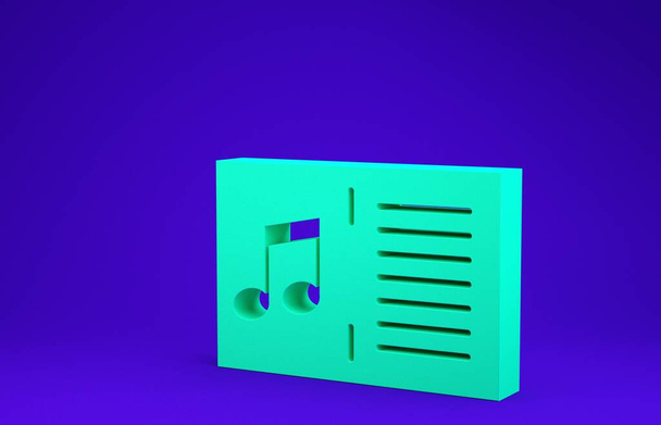 Libro de música verde con icono de nota aislado sobre fondo azul. Hoja musical con pentagrama de notas. Cuaderno de notas musicales. Concepto minimalista. 3D ilustración 3D render
 - Foto, imagen