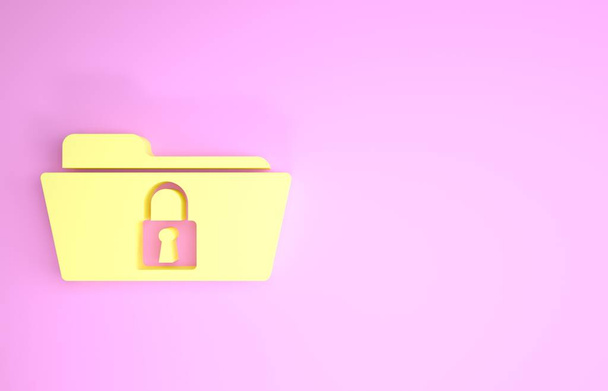 Dossier jaune et icône de verrouillage isolés sur fond rose. Dossier fermé et cadenas. Sécurité, sûreté, concept de protection. Concept de minimalisme. Illustration 3D rendu 3D - Photo, image