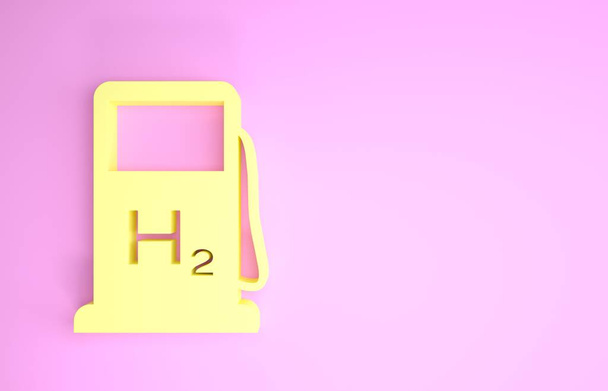 Sárga hidrogén töltőállomás ikon elszigetelt rózsaszín alapon. H2 állomás jele. Minimalizmus koncepció. 3d illusztráció 3d render - Fotó, kép
