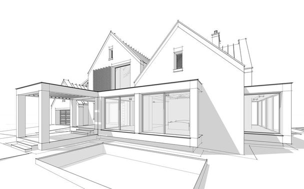 3d renderowania nowoczesnego domu klinkierowego na stawach z basenem blac - Zdjęcie, obraz