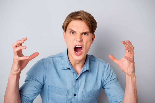 Portrait of outraged man have disagreement with his friend yell enough raise hands wear modern outfit isolated over pastel color background - Fotoğraf, Görsel