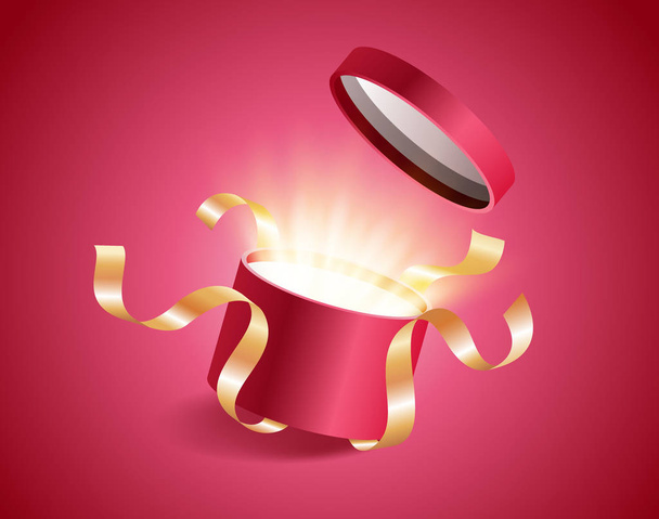 Red round opened 3d realistic gift box with magical shining glow and golden ribbons flying off cover, place for your text vector illustration - Вектор,изображение