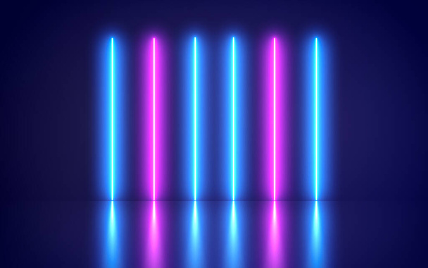 futuristische abstrakte blaue und lila Neonlinien-Lichtformen auf buntem Hintergrund und reflektierend mit leerem Raum für Text - rendern. - Foto, Bild