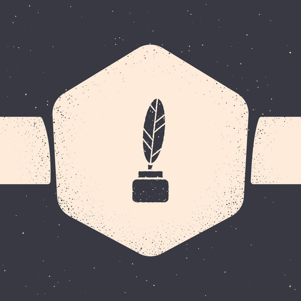 Grunge Feather and inkwell icon isolated on grey background. Monochrome vintage drawing. Vector Illustration - Vector, Image
