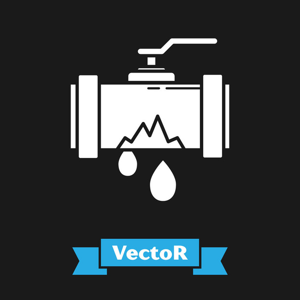White Broken metal pipe with leaking water icon isolated on black background. Vector Illustration - Vector, Image