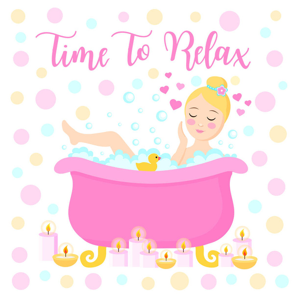 Tijd om te ontspannen ansichtkaart, banner. schattig meisje rusten in een bad met kaarsen, spa procedure. Jonge vrouw in de badkamer. Vectorillustratie - Vector, afbeelding