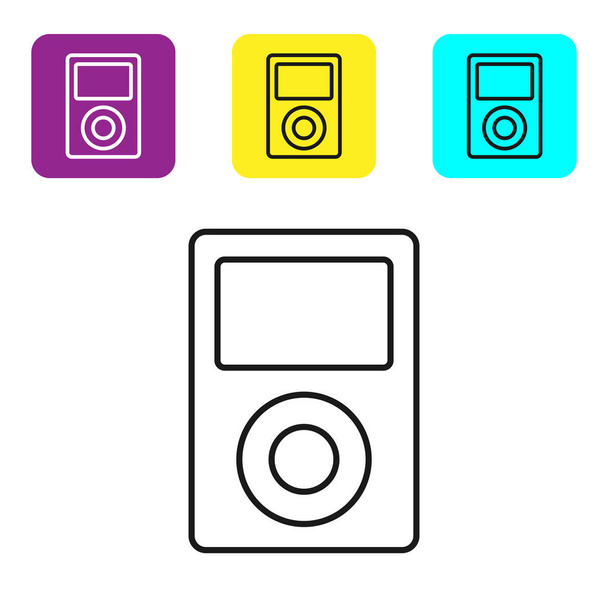 Černá čára Hudební přehrávač ikona izolované na bílém pozadí. Přenosné hudební zařízení. Nastavte barevná čtvercová tlačítka. Vektorová ilustrace - Vektor, obrázek