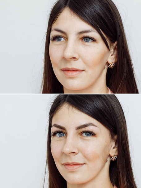 Photo comparison before and after permanent makeup, tattooing of eyebrows - 写真・画像