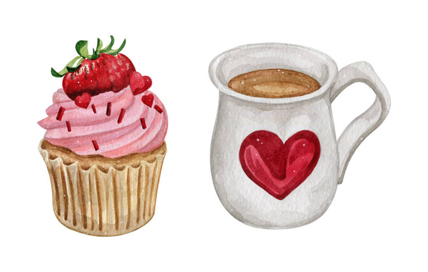 Aquarell Illustration von süßen und leckeren Cupcakes mit Sahne leckeres Essen Illustration. - Foto, Bild