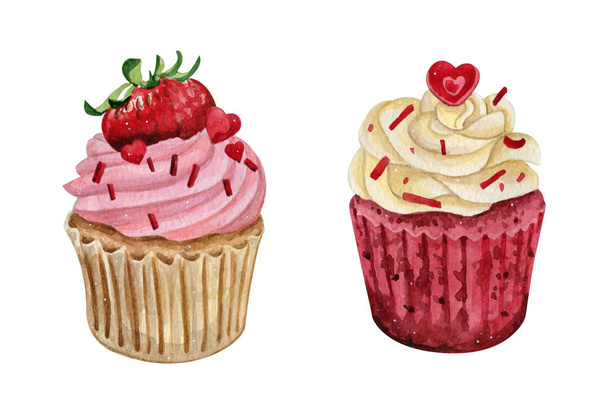Watercolor illustration of sweet and tasty cupcakes with cream Delicious food illustration. - Photo, Image