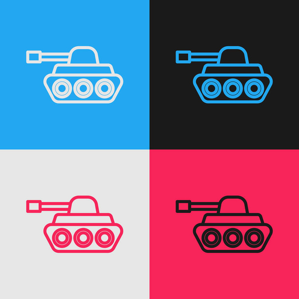 Kleurlijn Militaire tank pictogram geïsoleerd op kleur achtergrond. Vintage stijl tekening. Vector Illustratie - Vector, afbeelding
