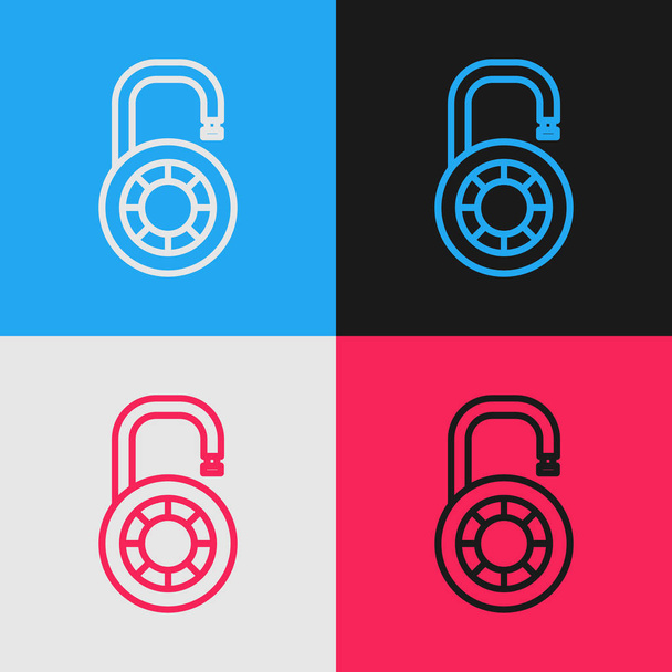 Color line Safe combination lock wheel icon isolated on color background. Combination padlock. Security, safety, protection, password, privacy. Vintage style drawing. Vector Illustration - Vector, Image