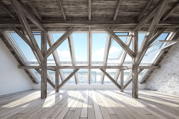 Skandinávský podkrovní interiér s dřevěnou trámovou konstrukcí - Fotografie, Obrázek