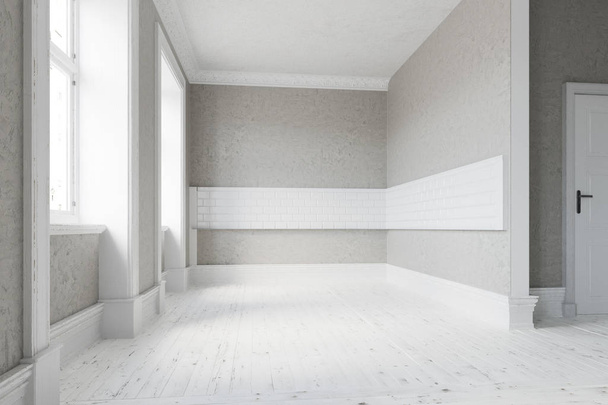 Puste skandynawskie wnętrze z białą drewnianą podłogą - Zdjęcie, obraz