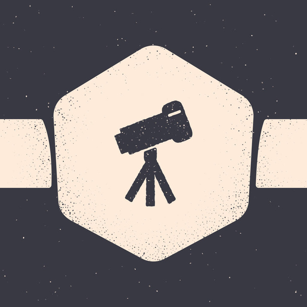Піктограма телескопа Grunge ізольована на сірому фоні. Науковий інструмент. Елемент освіти та астрономії, стереоклас та дослідницькі зірки. Монохромний вінтажний малюнок. Векторна ілюстрація
 - Вектор, зображення