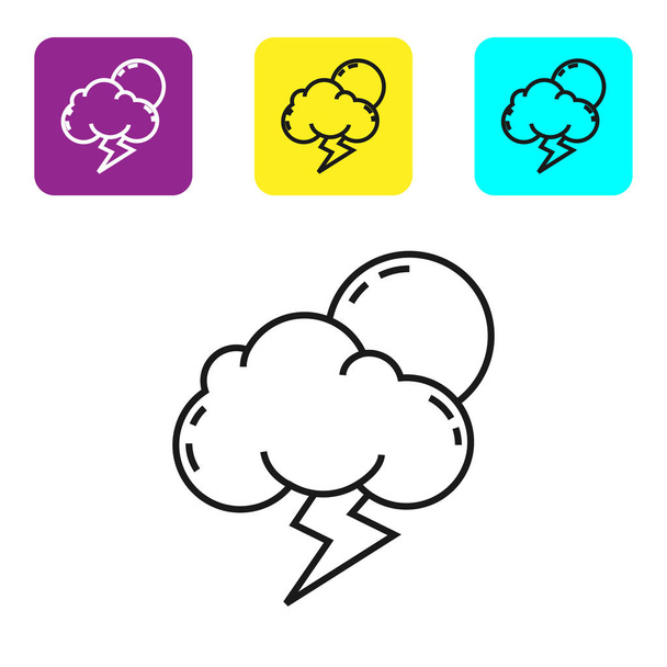 Ікона "Буря" ізольована на білому тлі. Хмара з блискавками і сонцем. Повітряна ікона бурі. Встанови ікони барвистими квадратними кнопками. Векторний приклад - Вектор, зображення