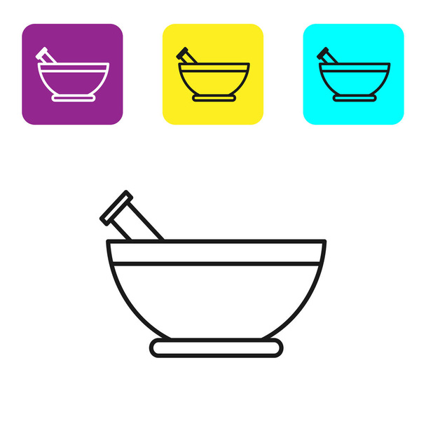 Black line Mortar and pestle icon isolated on white background. Set icons colorful square buttons. Vector Illustration - Vector, Image