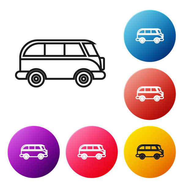 Black line Retro minivan icon isolated on white background. Old retro classic traveling van. Set icons colorful circle buttons. Vector Illustration - Vector, Image