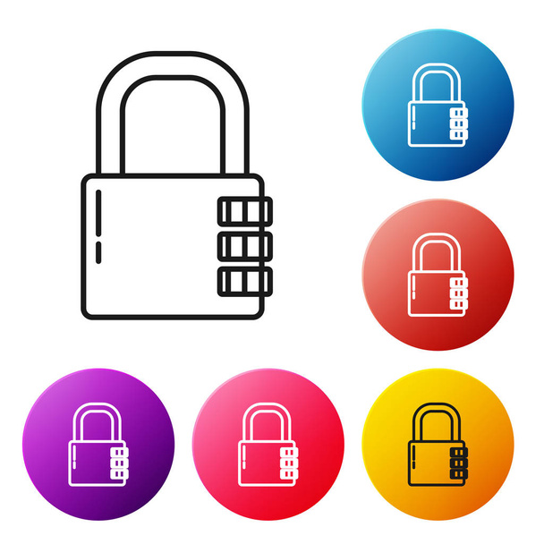 Black line Safe combination lock icon isolated on white background. Combination padlock. Security, safety, protection, password, privacy. Set icons colorful circle buttons. Vector Illustration - Vector, Image