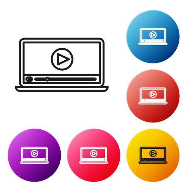 Black line Online játék video ikon elszigetelt fehér háttér. Laptop és filmszalag játéktáblával. Állítsa ikonok színes kör gombok. Vektorillusztráció - Vektor, kép