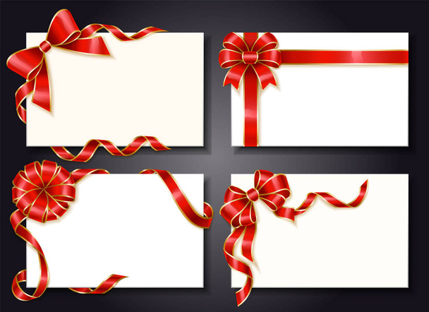 Csomagolt ajándékkártyák ünnepi szalagokkal és íjakkal - Vektor, kép