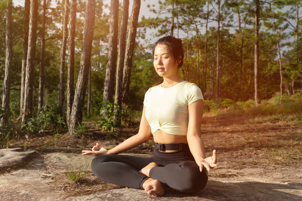 jong mooi aziatisch vrouw praktijken yoga en mediteert outdoor - Foto, afbeelding