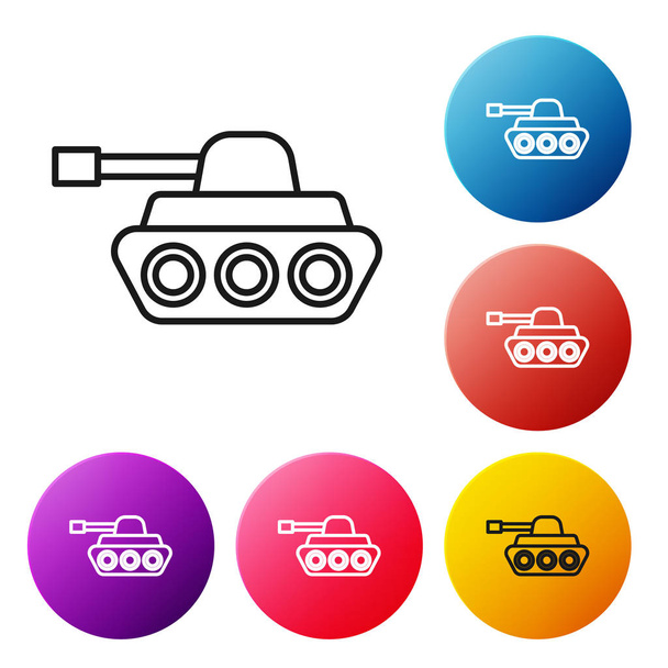Icono de tanque militar de línea negra aislado sobre fondo blanco. Establecer iconos botones círculo de colores. Ilustración vectorial
 - Vector, Imagen