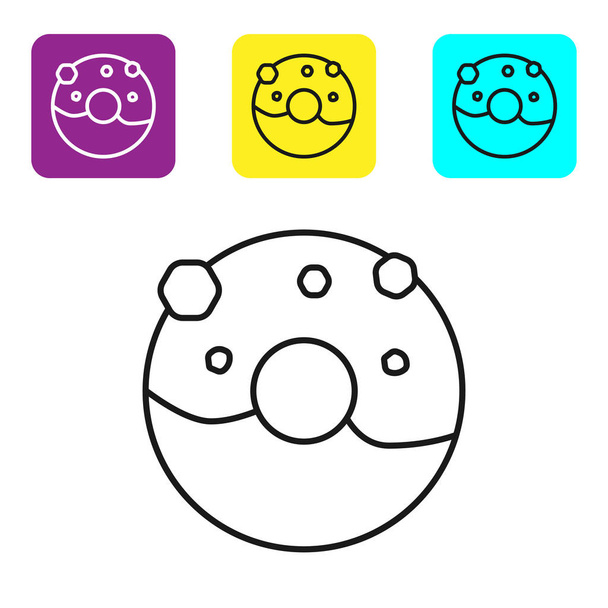 Donut línea negra con icono de esmalte dulce aislado sobre fondo blanco. Establecer iconos coloridos botones cuadrados. Ilustración vectorial
 - Vector, Imagen