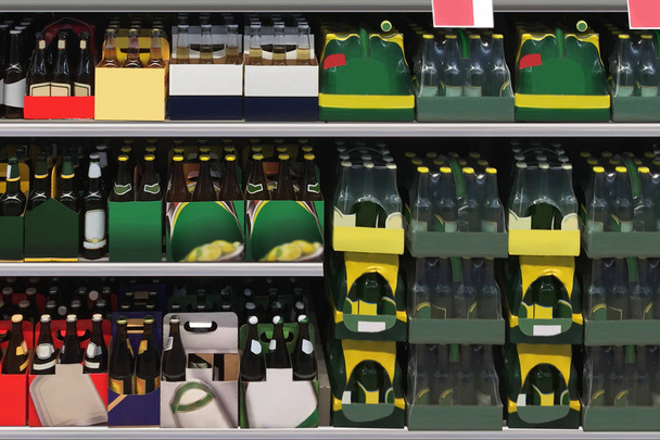 Закрыть горизонтальный фотомакет бутылок и банок пива на полках в супермаркете без бренда и подходит для представления новых бутылок пива и упаковки или дизайн этикетки среди многих других
 - Фото, изображение