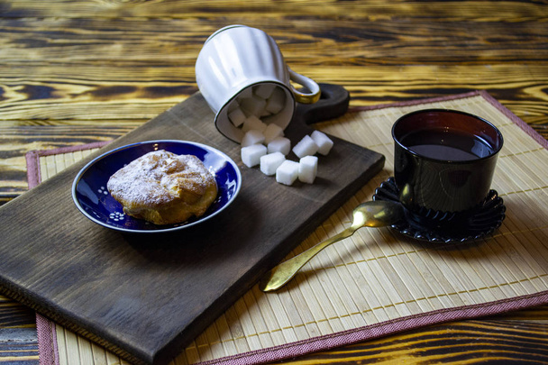 morning coffee breakfast with bun, top view - Foto, Imagen