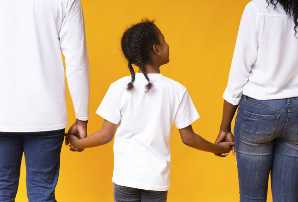 Piccola ragazza nera che si tiene per mano di sua madre e suo padre, vista posteriore
 - Foto, immagini