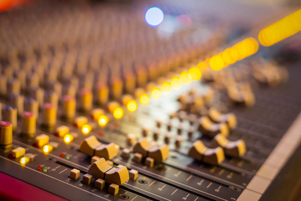 close up audio mixing console. music background. recording, broadcasting concept - Fotoğraf, Görsel