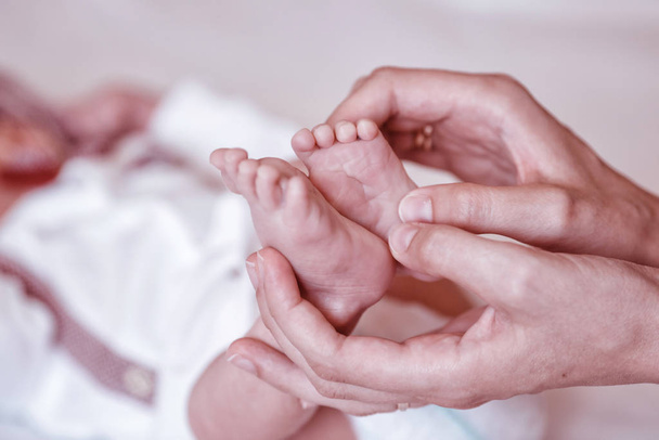 Newborn Baby's feet on female hands closeup. - 写真・画像