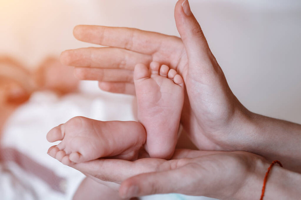 Newborn Baby's feet on female hands closeup. - Foto, Imagen