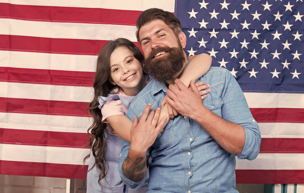 Freedom fundamental right. How do americans celebrate independence day. Independence is happiness. Independence day holiday. Father american bearded hipster and cute little daughter with USA flag - Photo, Image