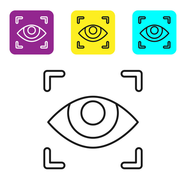 黒い線白の背景に隔離された目のスキャンアイコン。目をスキャン保安検査のシンボルサイバー・アイ・サインカラフルな正方形のボタンを設定します。ベクターイラスト - ベクター画像