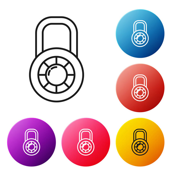 Beyaz arkaplanda siyah çizgi şifreli kilit ikonu var. Kombinasyon asma kilit. Güvenlik, güvenlik, koruma, şifre, gizlilik. Renkli daire düğmelerini ayarlayın. Vektör İllüstrasyonu - Vektör, Görsel