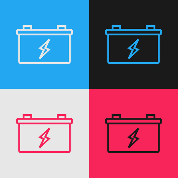 Farblinie Autobatterie-Symbol isoliert auf farbigem Hintergrund. Akkumulatorbatterie und Akkumulatorbatterie. Vintage-Stil Zeichnung. Vektorillustration - Vektor, Bild