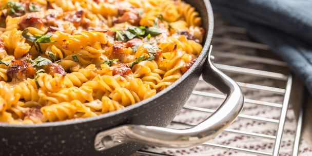 Baked pasta fusilli with smoked pork neck mozzarela cheese and othe ingredients - Foto, immagini