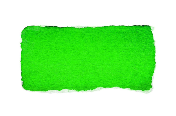 A hole in white paper with torn edges isolated on a white background with a bright green color paper background inside. Good paper texture - Valokuva, kuva