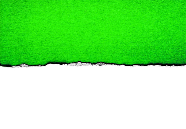 White paper with torn edges isolated with a bright green color paper background inside. Good paper texture - Foto, Bild
