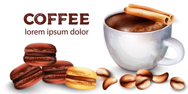 Cup of coffee, beans, cinnamon sticks, french macaroon sweets - Vecteur, image