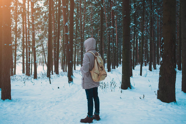 young man in a winter snowy forest - Foto, Imagen
