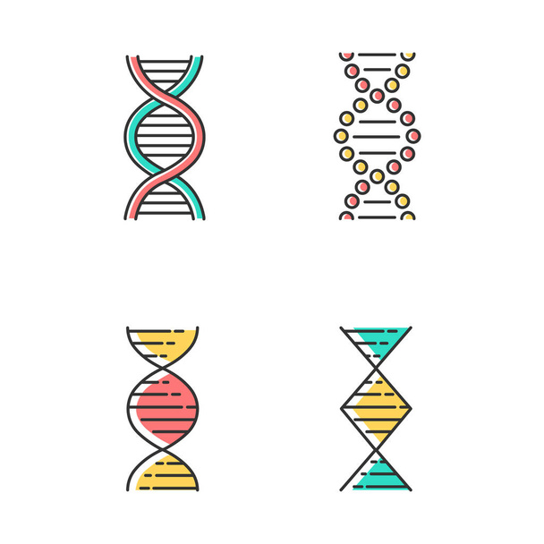 Conjunto de iconos de color de hebras espirales de ADN. Acc desoxirribonucleico, nucleico
 - Vector, imagen
