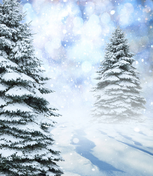 Kerstlandschap met sneeuw en dennenbomen. - Foto, afbeelding